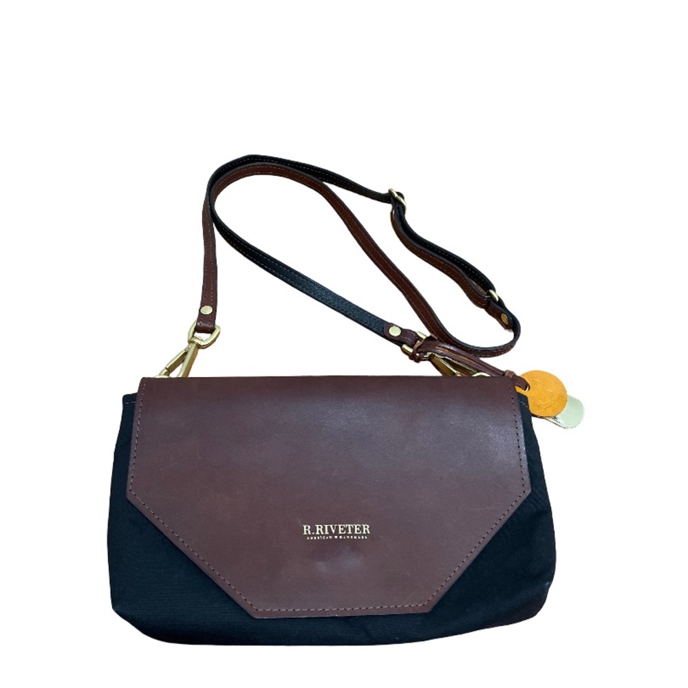 R. Riveter Patton Small Black Brown Canvas Leather Crossbody Bag